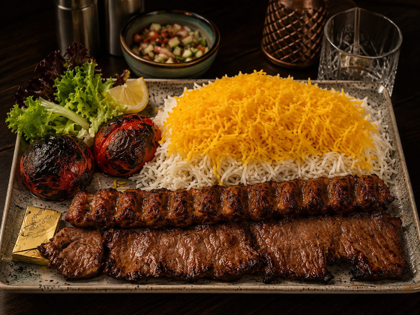 Freshly grilled Persian kebab platter