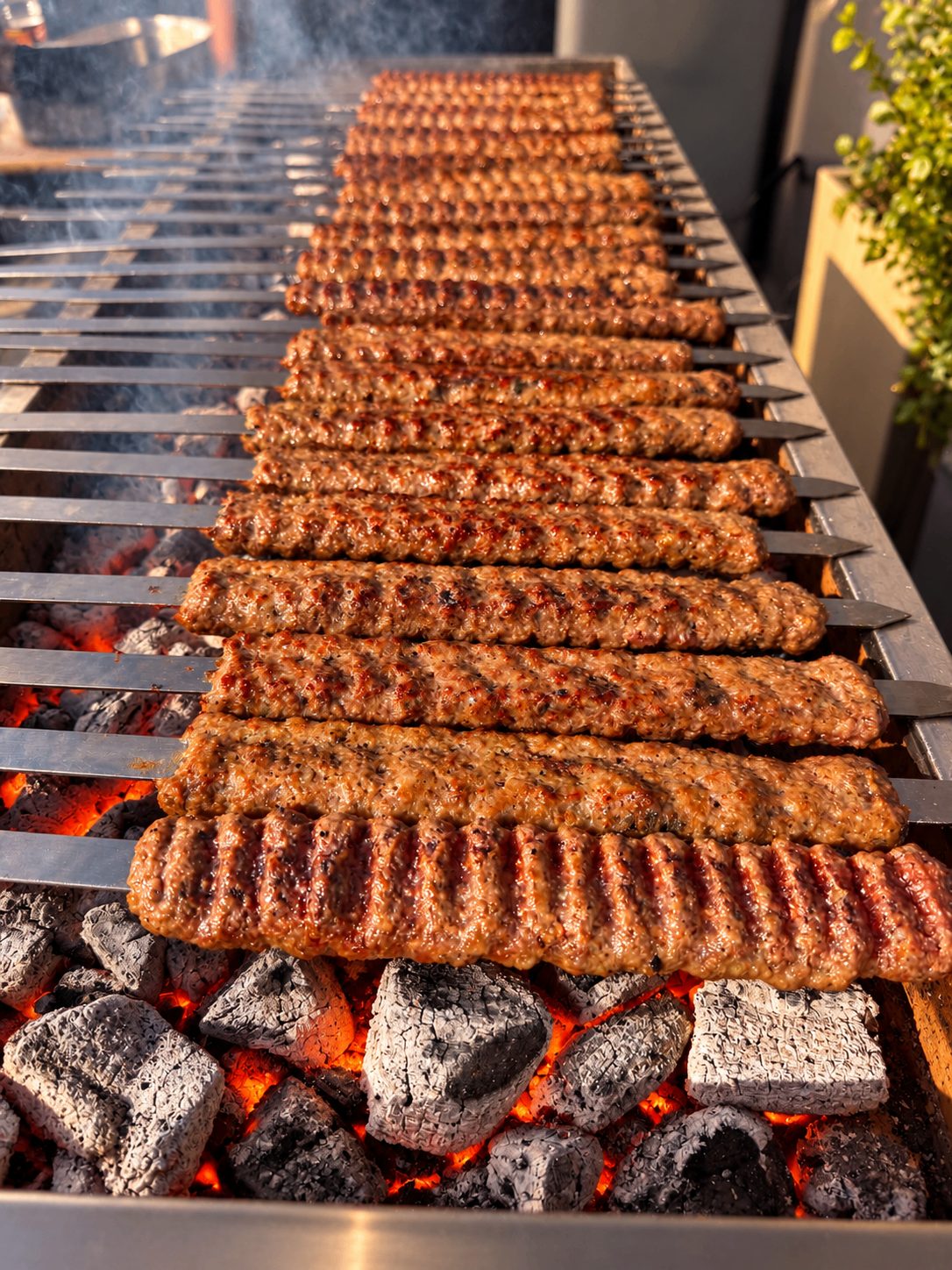 Koubideh kebab grilled over charcoal by the Zagros Catering team at a wedding venue