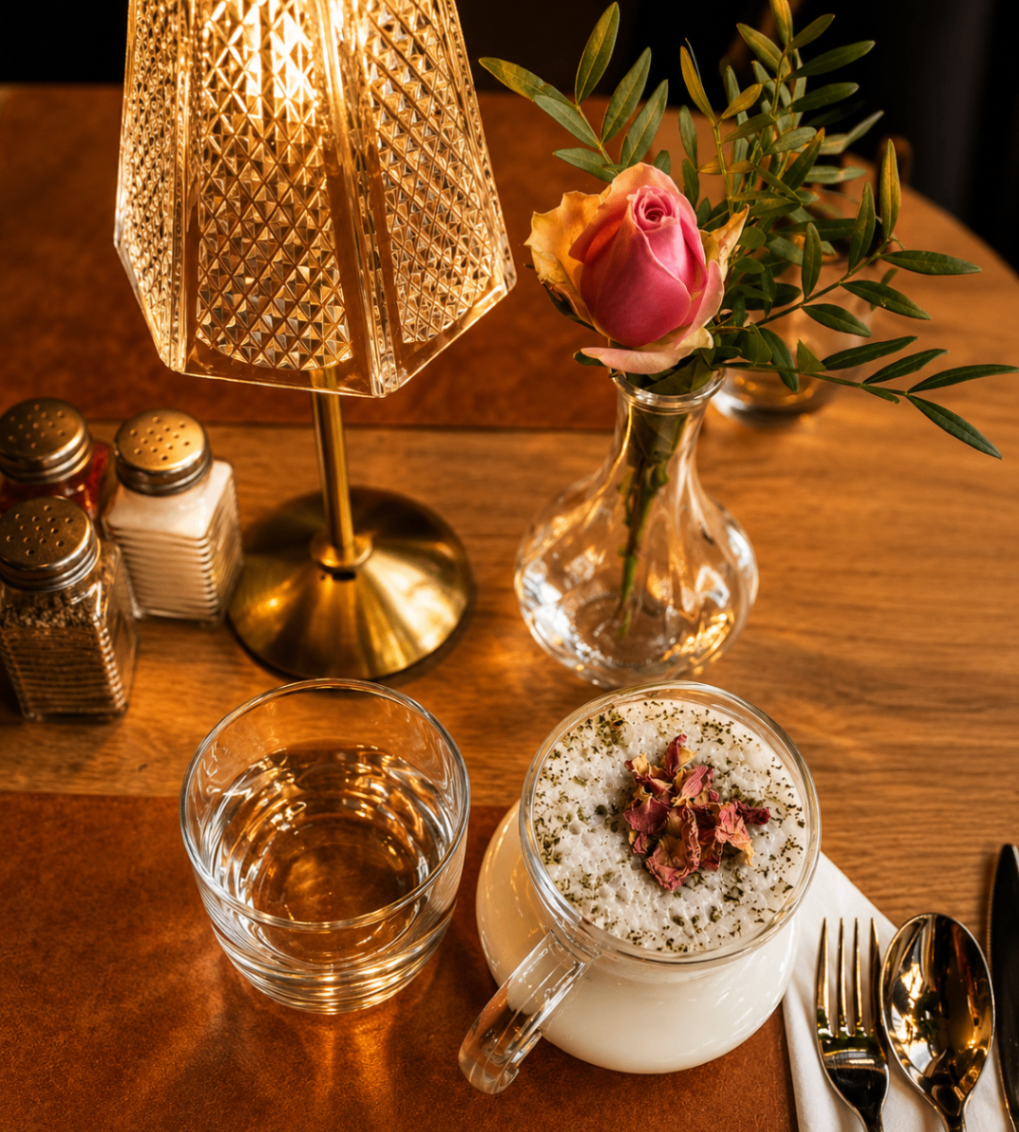 Rose dessert in a glass under warm light