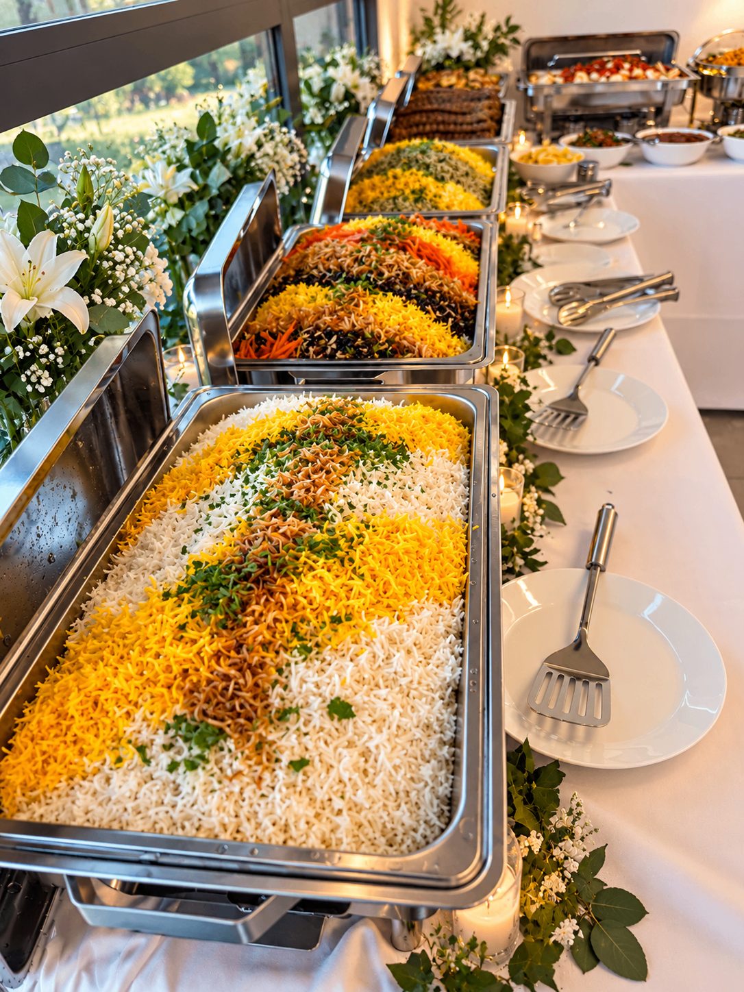 Saffron rice station served by Zagros Catering at a wedding reception