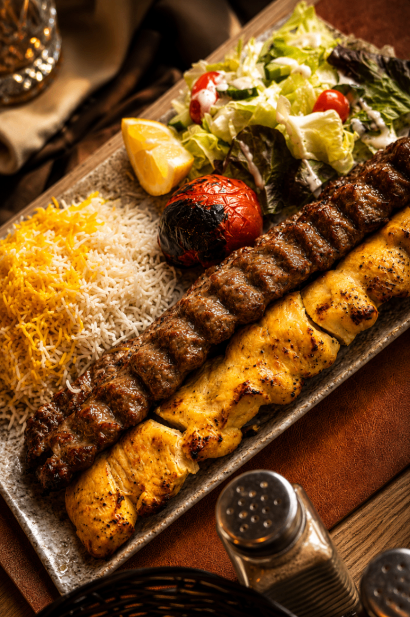 Mixed kebab platter with saffron rice