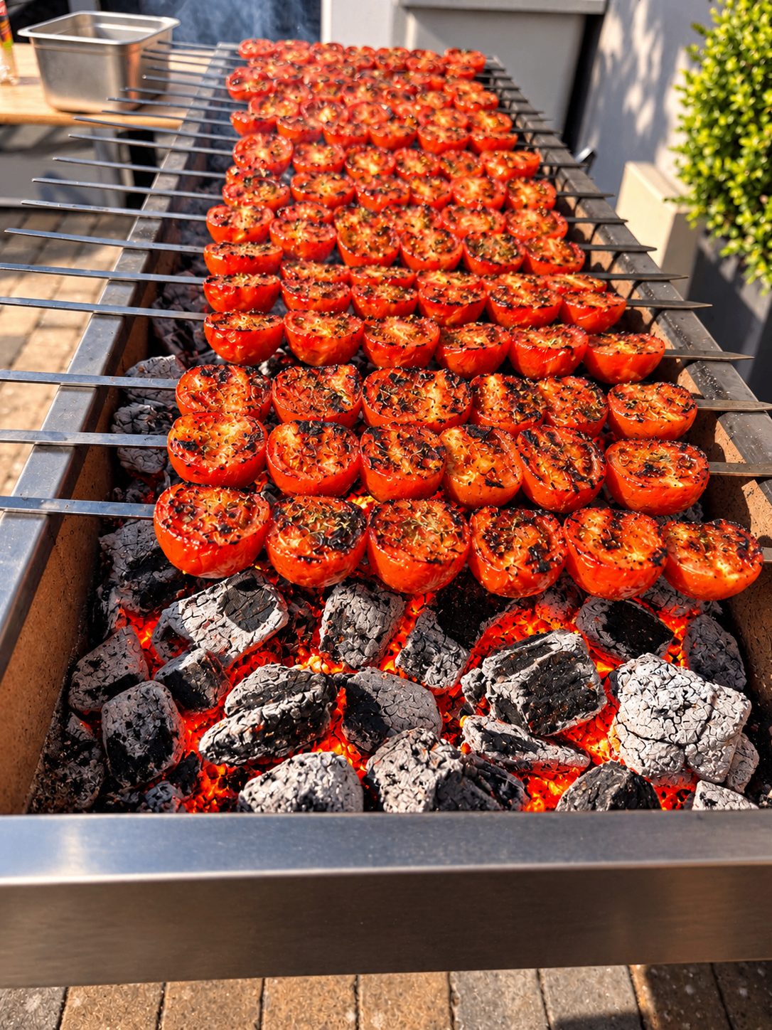 Flame-grilled tomatoes prepared on site by Zagros Catering at a wedding celebration