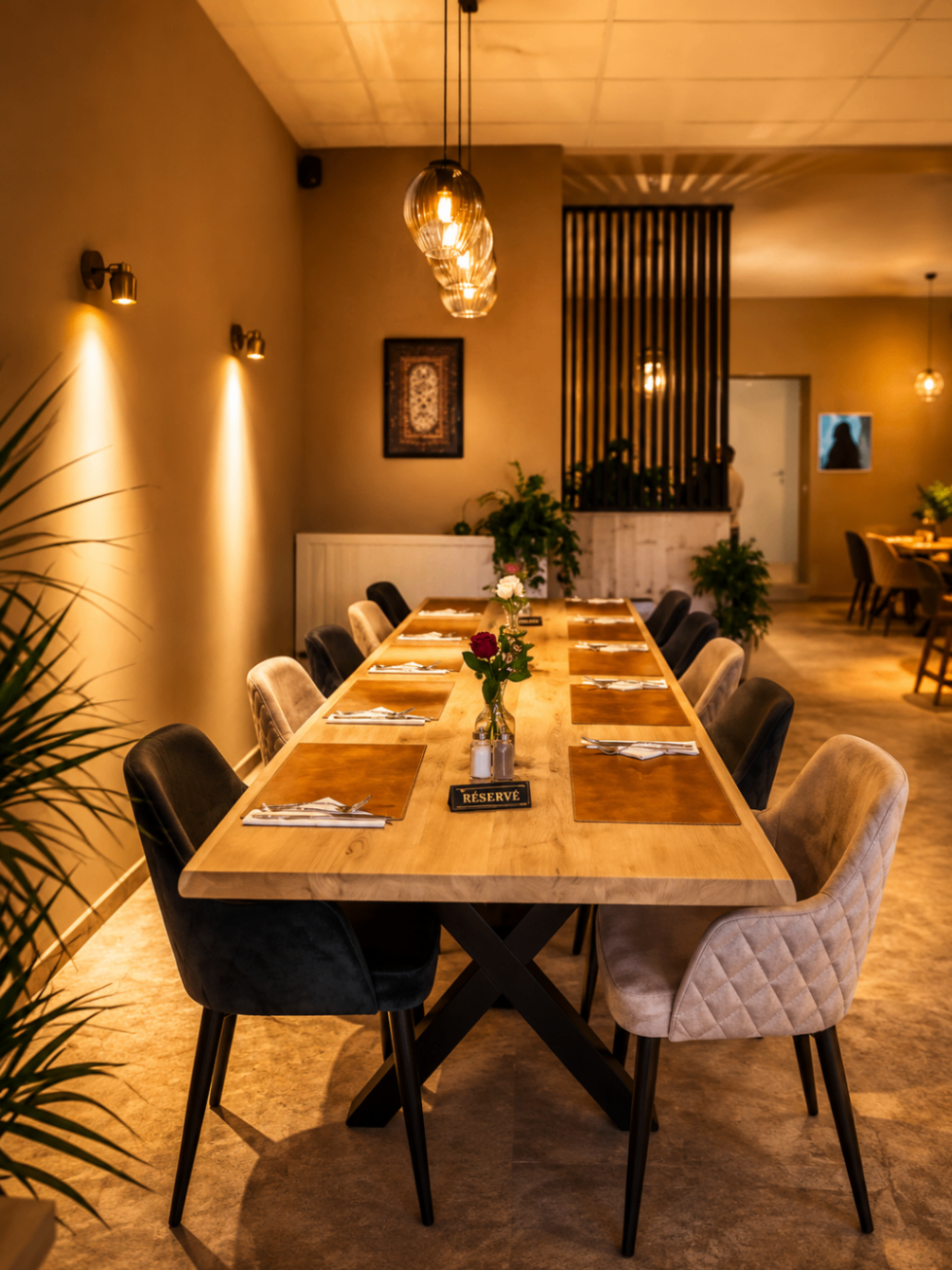 Group dining table arranged for celebration