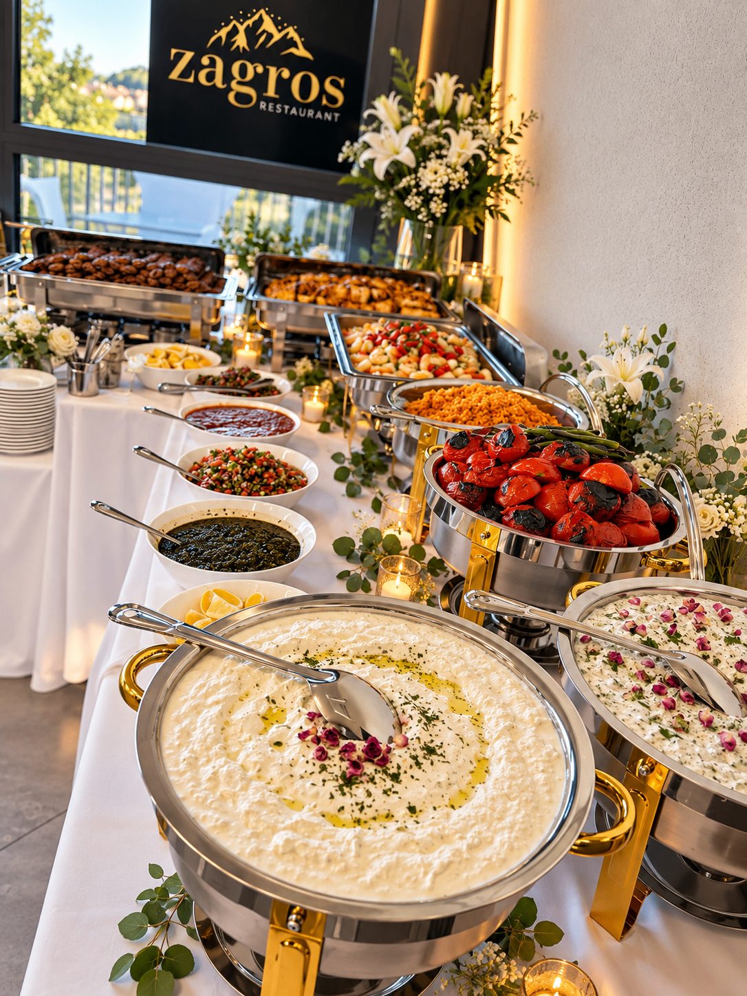 Zagros Catering wedding spread with Persian mezze and grilled specialities at a wedding venue
